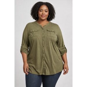 Lauren Ralph Lauren Olive Green Utility Roll Tab Sleeve Shirt Plus 2X classic